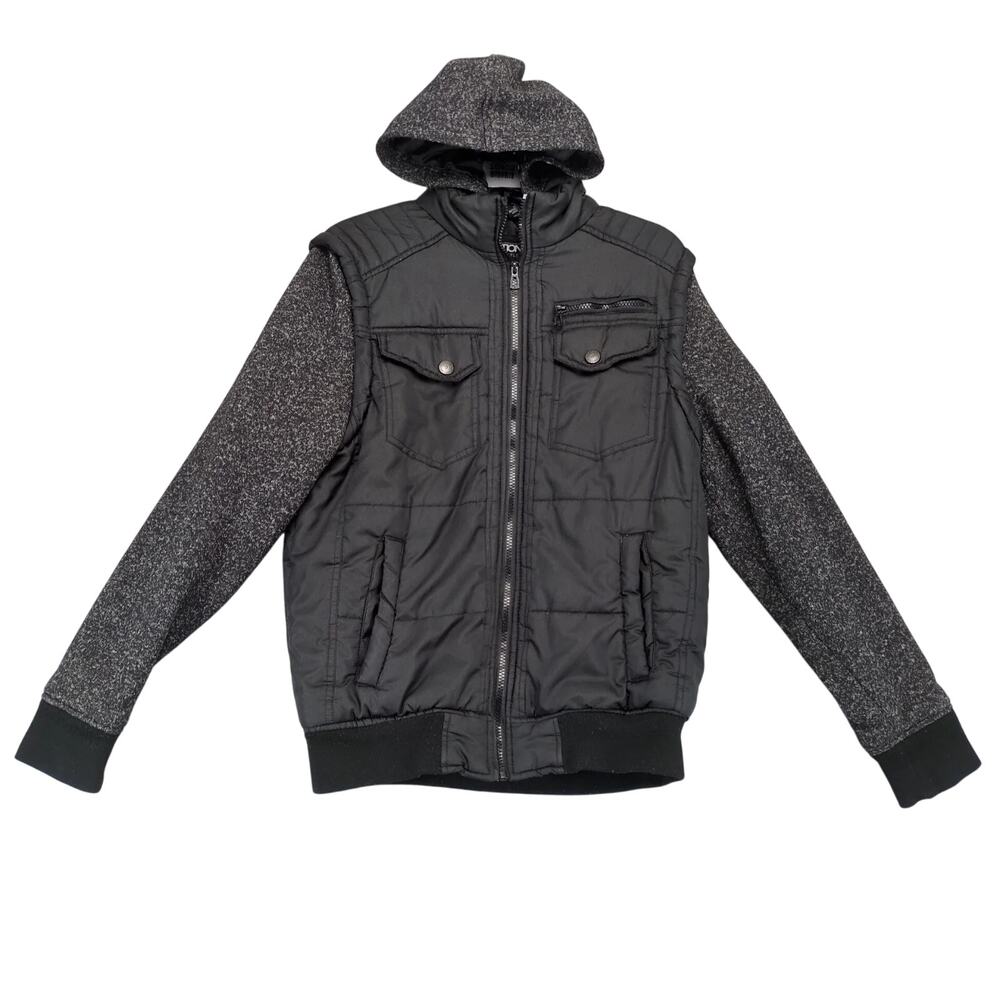 Distortion Black Puffer‎ Jacket Men's S Knit Sleeves Hood Pocket Full Zip Grunge